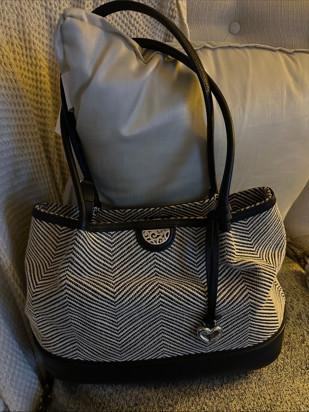 Brighton Black and Cream Chevron Shoulder Tote with Heart Charm
